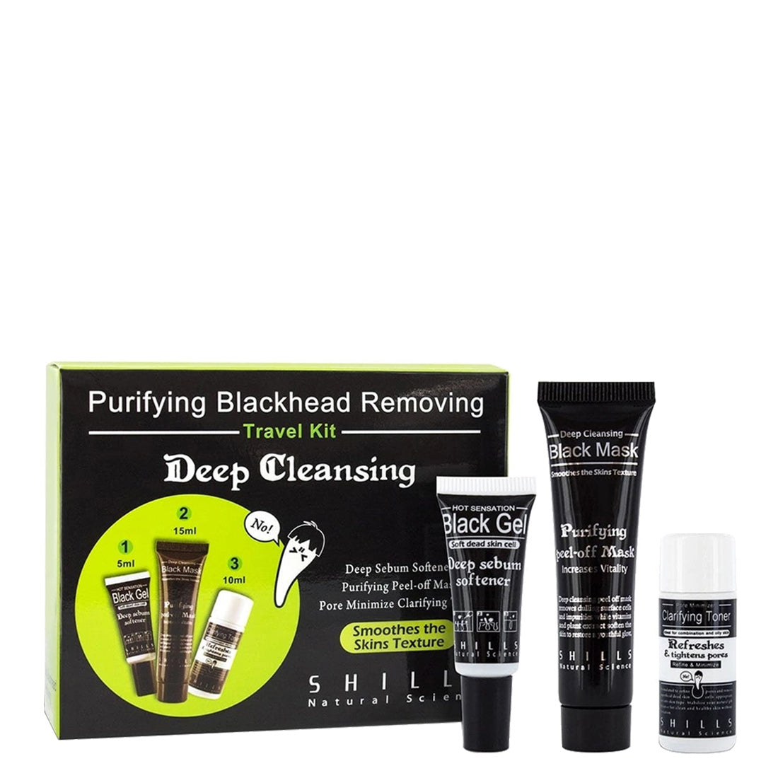 Shills Purifying Blackhead Removing Travel Kit Gel Ammorbidente 5ml+Maschera 15ml+Tonico 10ml